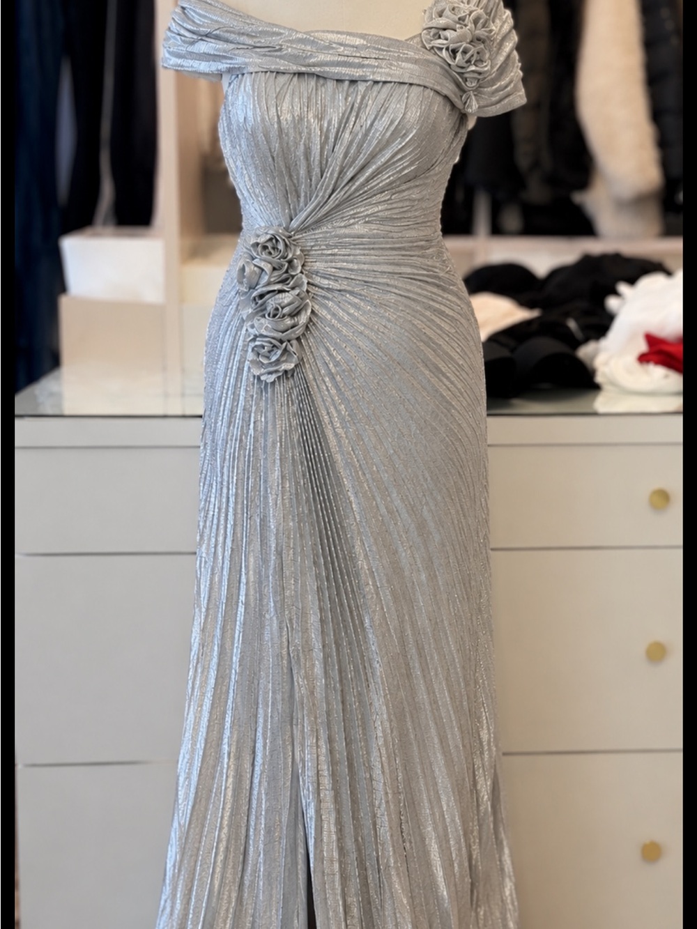 Silver Off-Shoulder Evening Gown with Rosette Detail